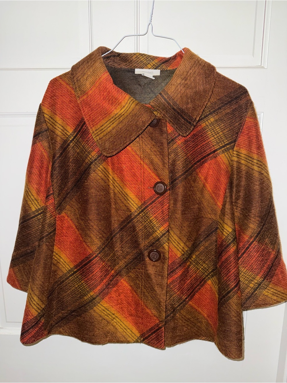 dressbarn Plaid Button-Front Cape in Brown, Orange & Yellow